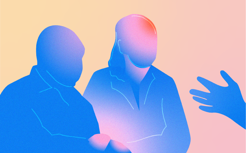 Abstract illustration of two people sitting and one hand gesturing towards them against a soft gradient background.
