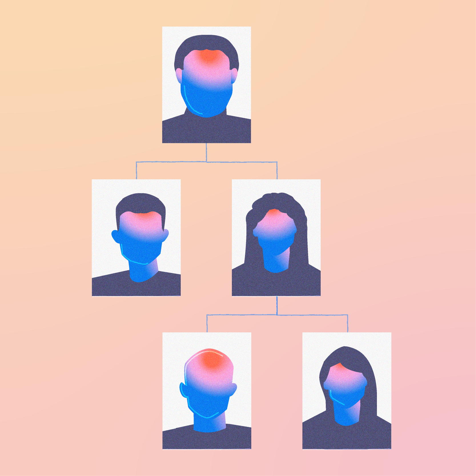 Stylized family tree diagram with six blue and red gradient abstract portraits connected by lines on a peach background.