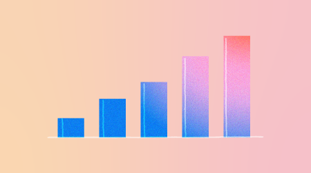 Gradient-colored bar chart with five vertical bars increasing in height from left to right on a peach and pink background.